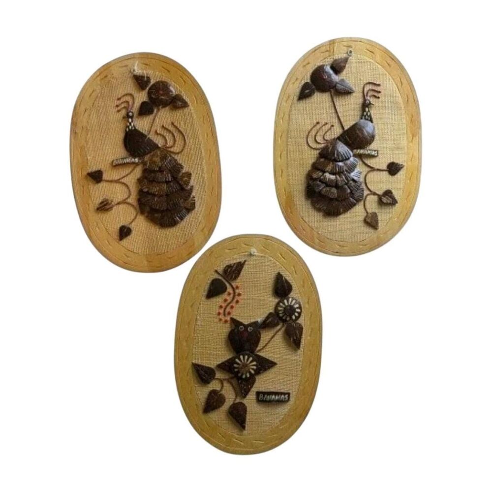 Vtg Handcrafted Bahamas Shell Art Wall Plaques Set of 3 Peacocks Owl Tiki Kitsch